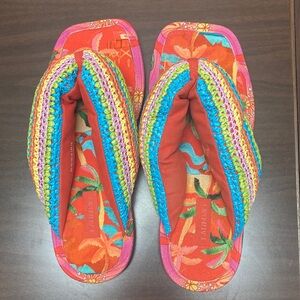 Farm Rio Toucans Crochet Puffy Flip Flop Sandals Multicolored